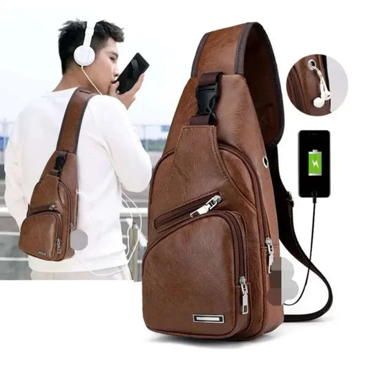 Simple and Fashion Casual Solid Document Shoulder Bag PU Multifunctional USB Charging Zipper Chest Bag