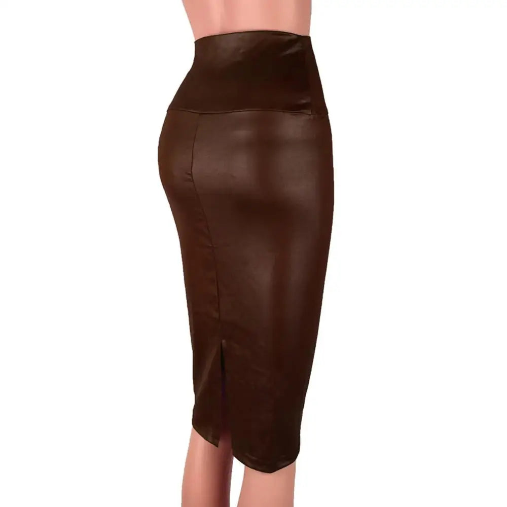 Women's Elegant and Fashionable High Waist Split Knee Length Faux Leather Bodycon Pencil Skirt