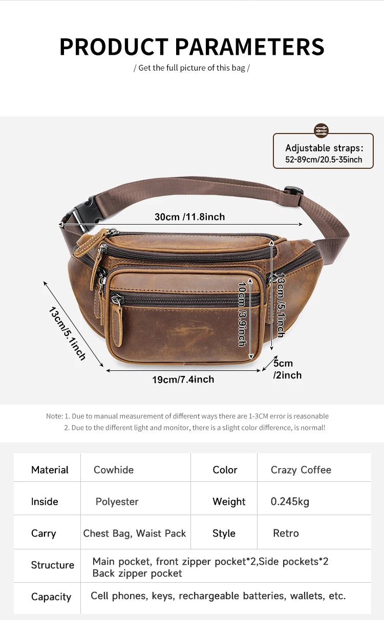 WESTAL Horsehide Leather Belt Bags for Men, Phone Waist Bags, Men's Sports Waist Bag, Zipper Crossbody Bag, Men's Fanny Pack, 8879