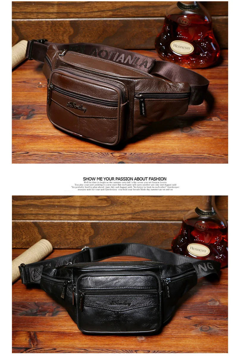 2024 New Men's Premium Leather Fanny Pack Designer Running Fitness Belt Phone Pouch Male Crossbody Chest Bag