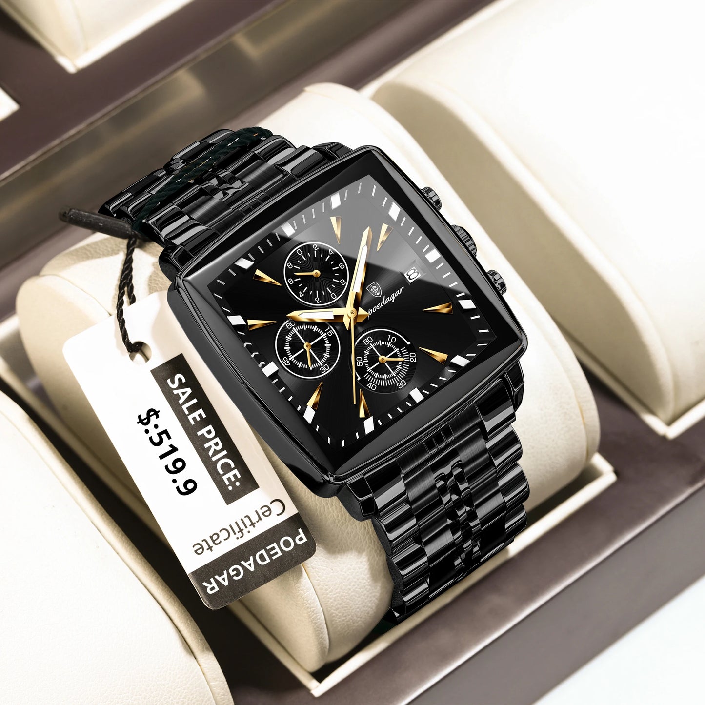 POEDAGAR-Men's Quartz Watch Stainless Steel Waterproof Clock Shoous Calendar Chronograph Square Business Watch