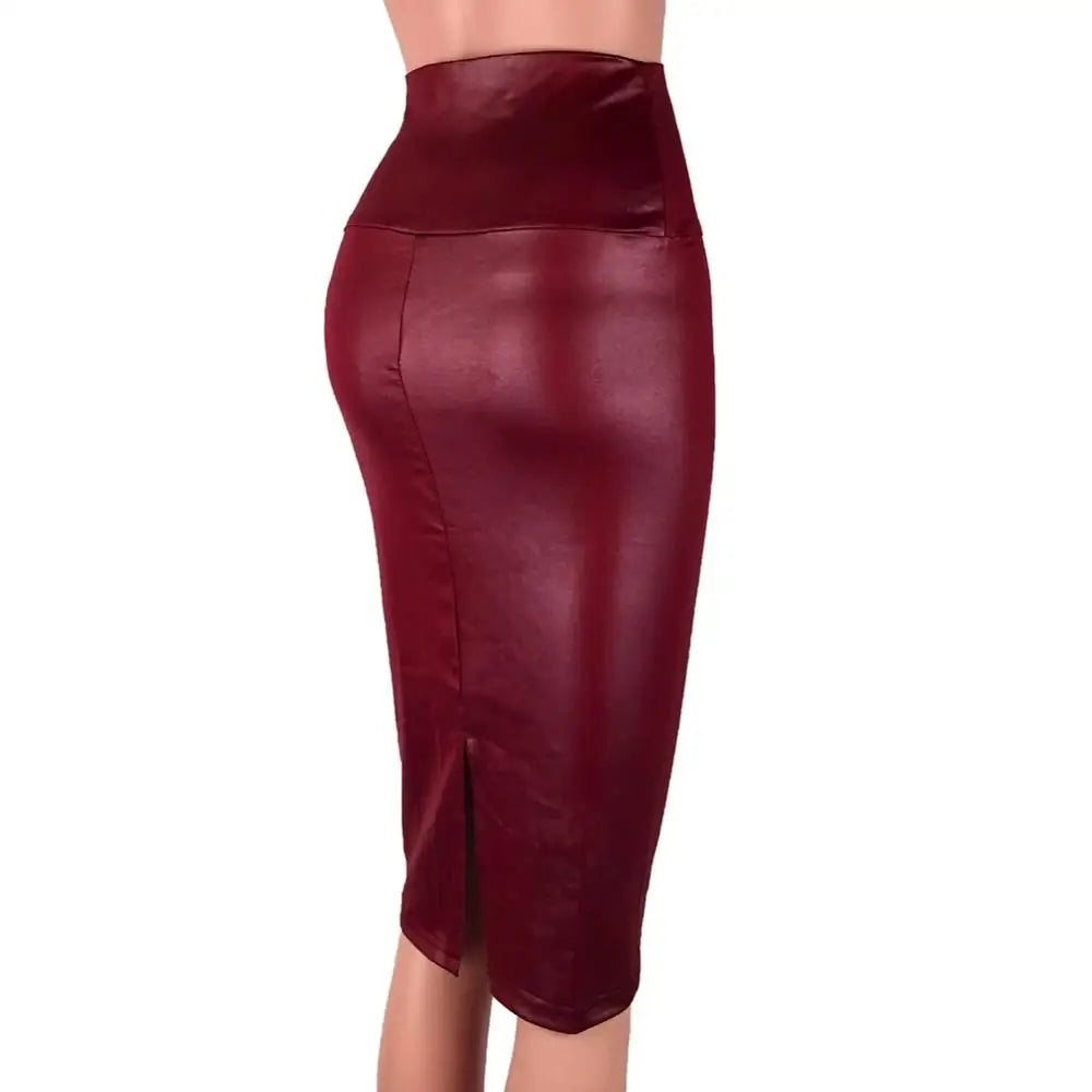 Women's Elegant and Fashionable High Waist Split Knee Length Faux Leather Bodycon Pencil Skirt