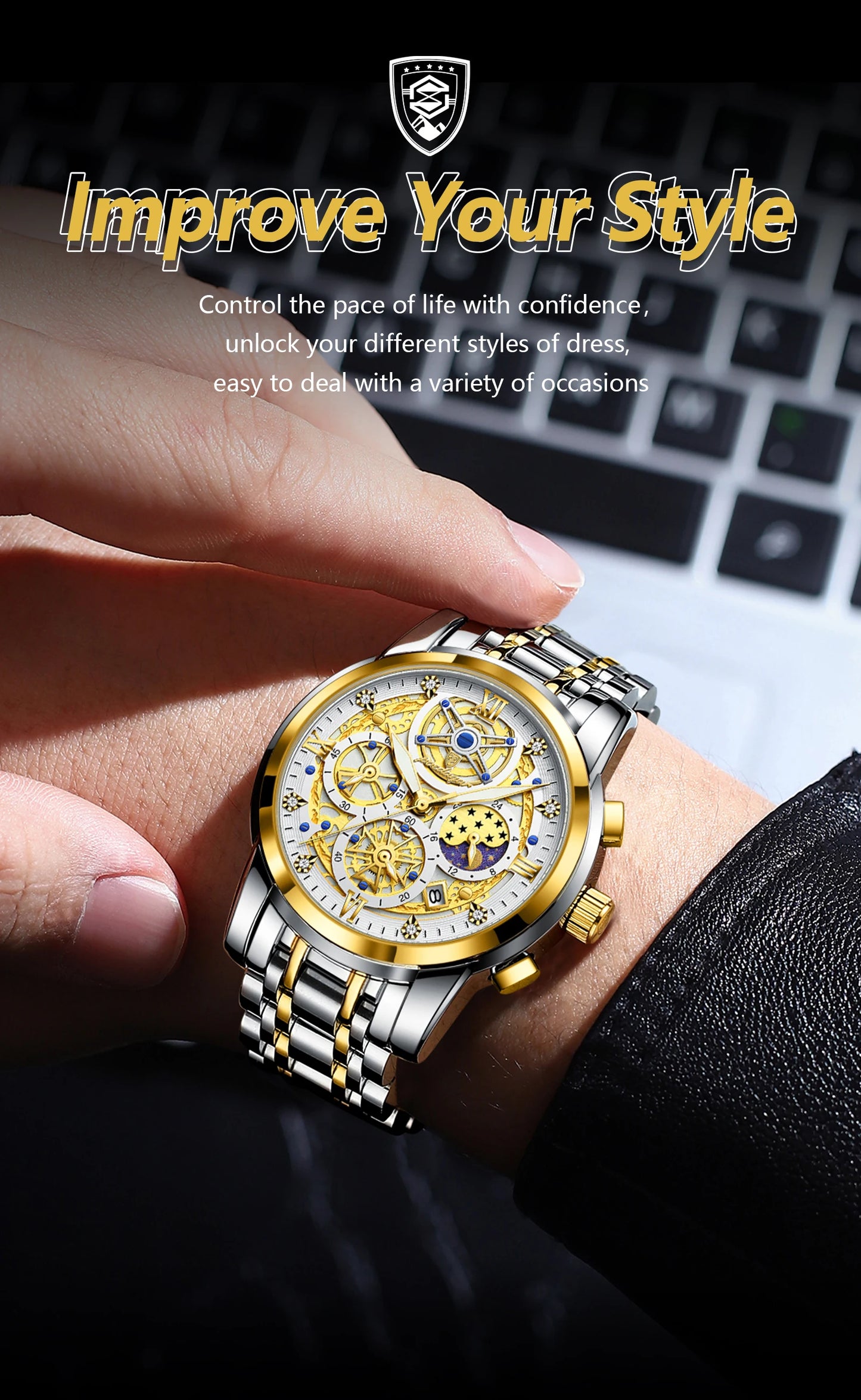 Luxury Stainless Steel Chronograph Quartz Wristwatch