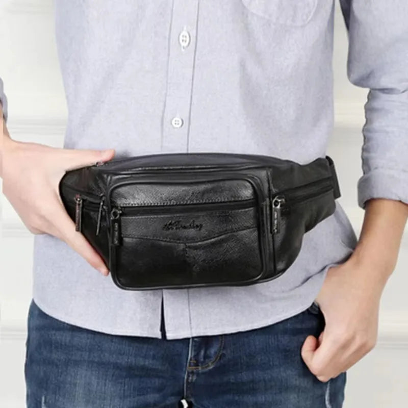 2024 New Men's Premium Leather Fanny Pack Designer Running Fitness Belt Phone Pouch Male Crossbody Chest Bag