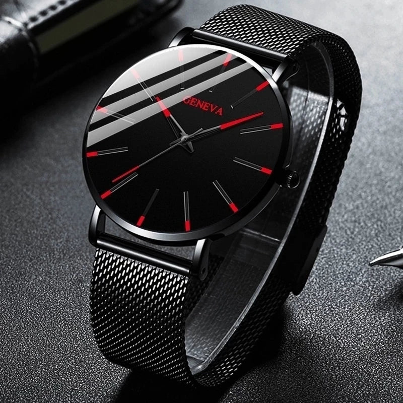 Montres d'affaires ultra-minces pour hommes, bracelet en maille d'acier, montre à quartz pour hommes.