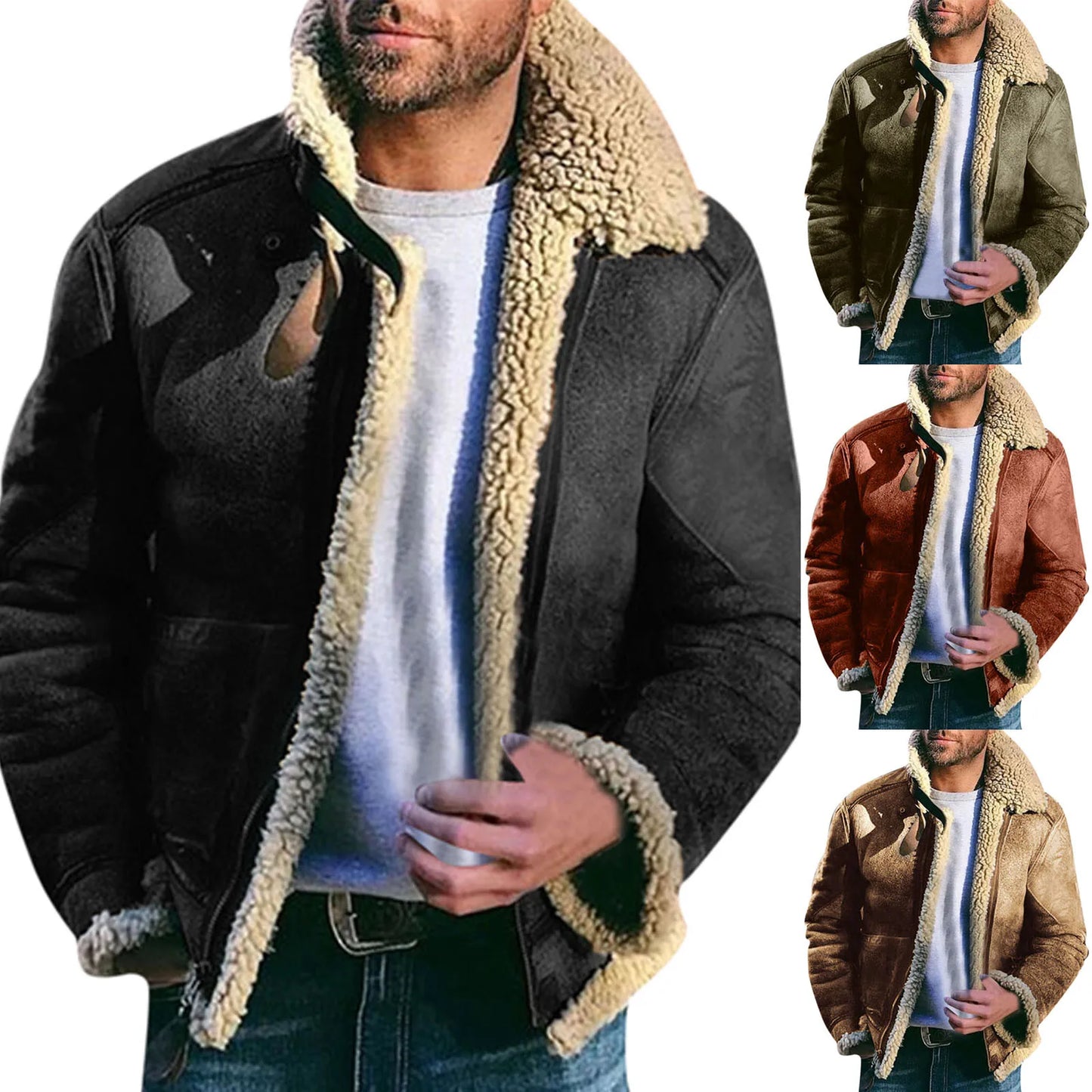 Veste en peluche décontractée pour homme avec poches, manteau en laine, manches longues, col rabattu, fermeture éclair document, solide, chaud