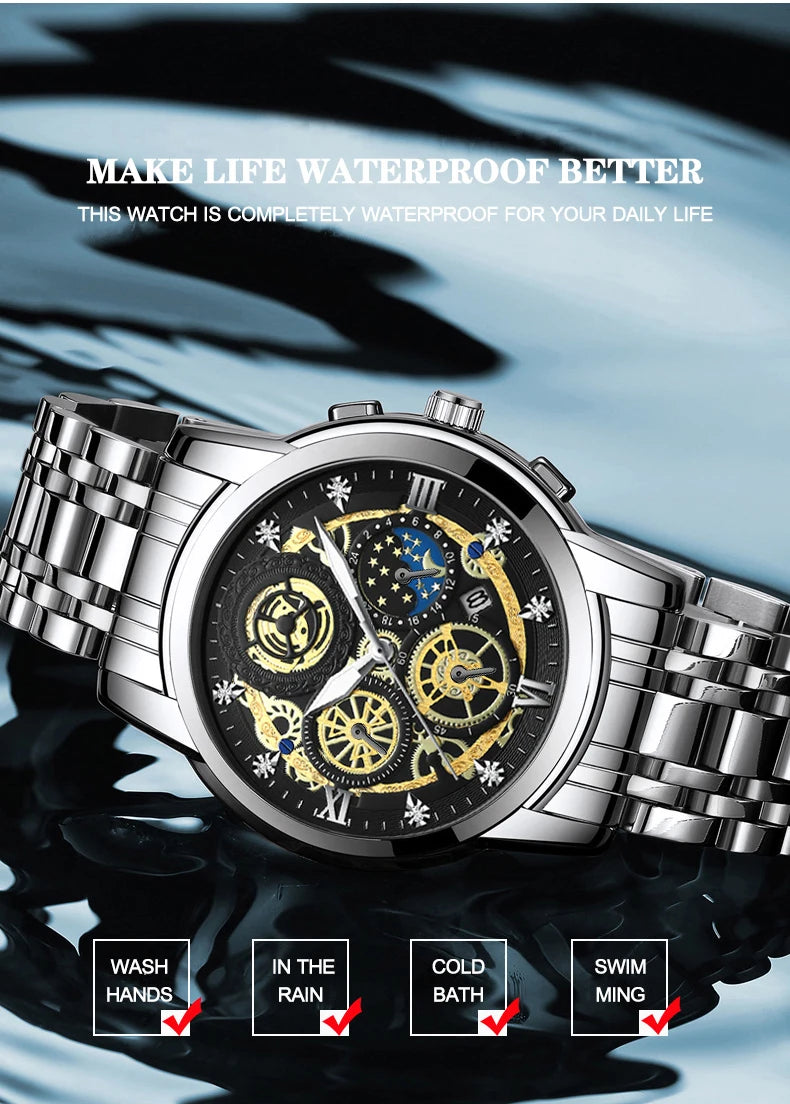 Waterproof quartz watch with stainless steel strap