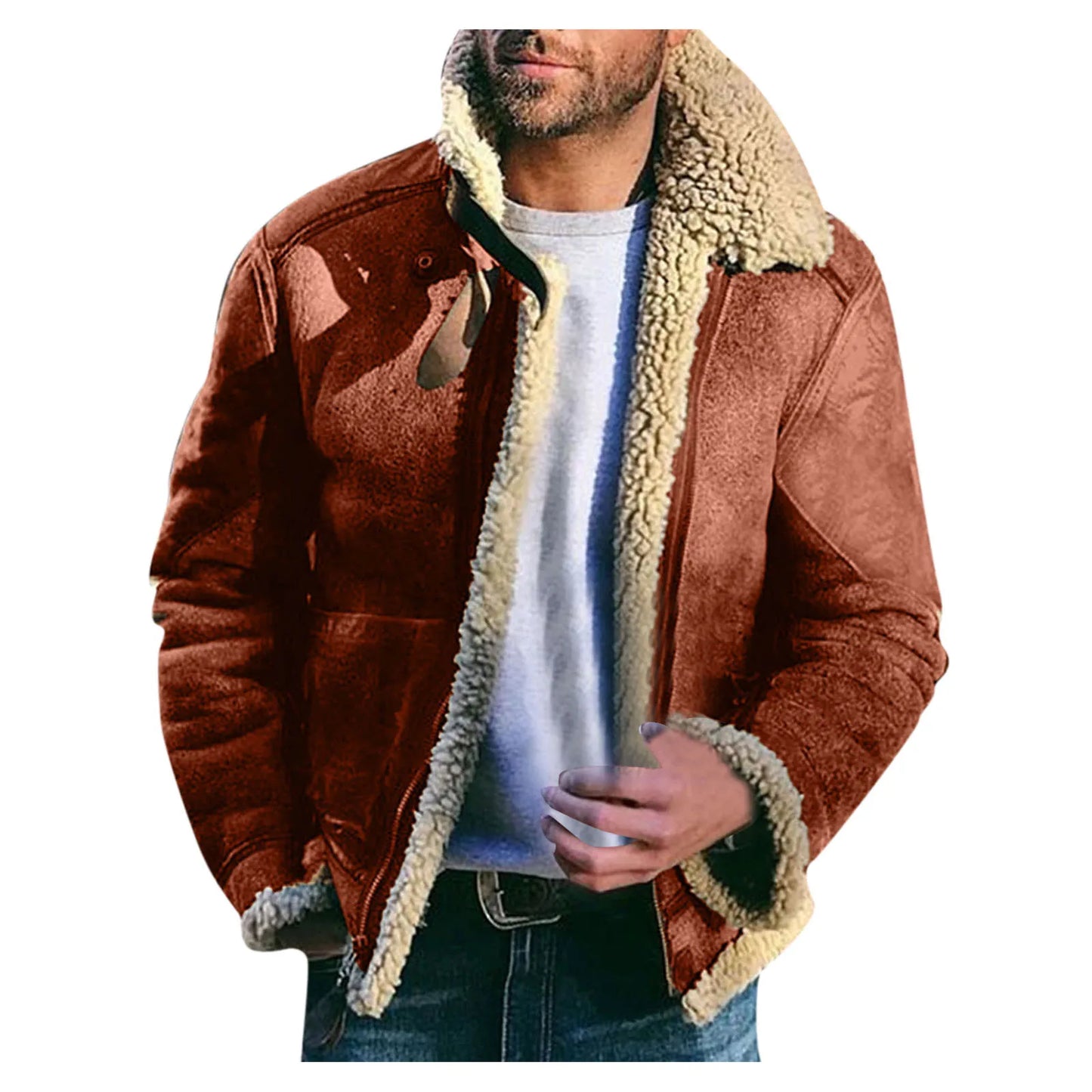 Veste en peluche décontractée pour homme avec poches, manteau en laine, manches longues, col rabattu, fermeture éclair document, solide, chaud