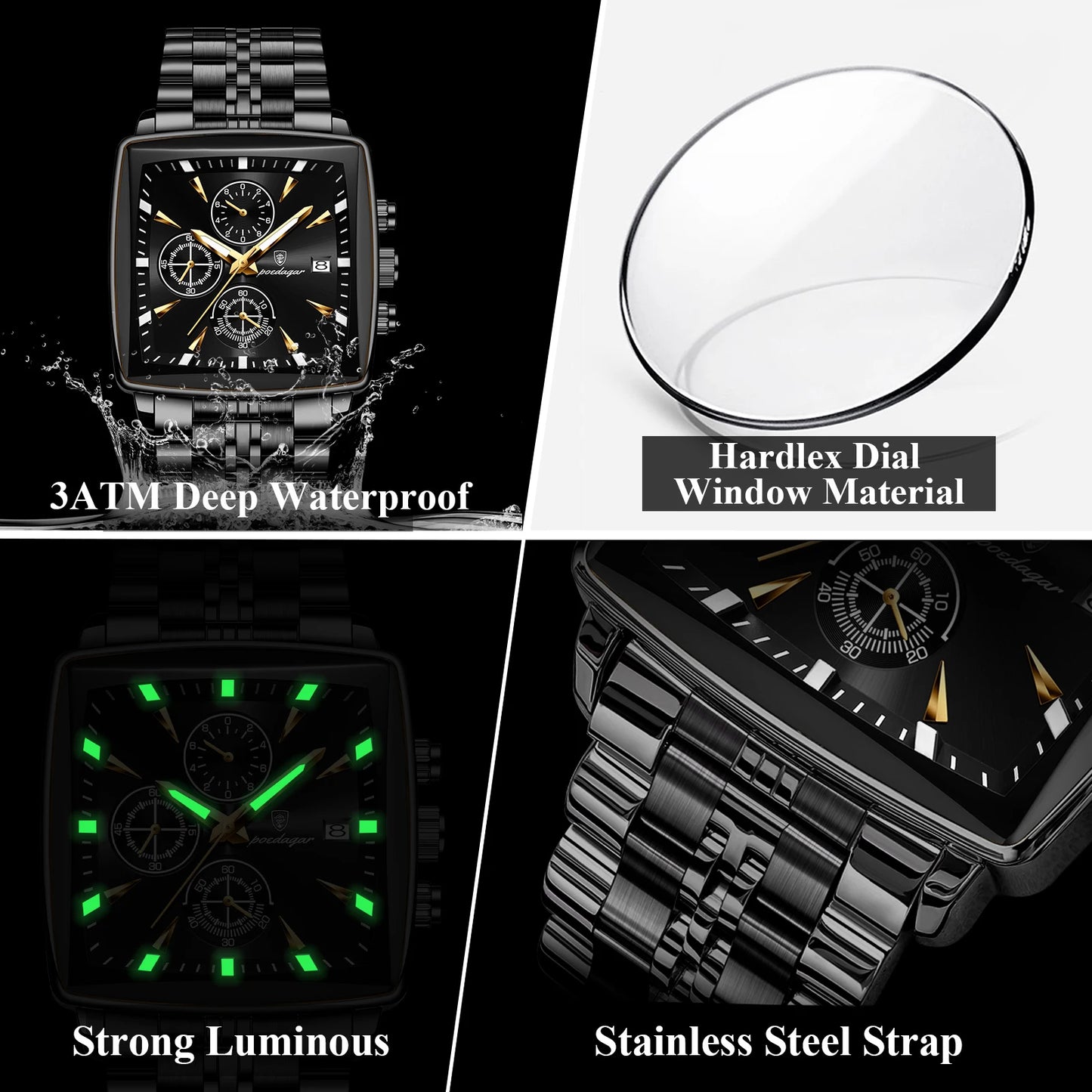 POEDAGAR-Men's Quartz Watch Stainless Steel Waterproof Clock Shoous Calendar Chronograph Square Business Watch