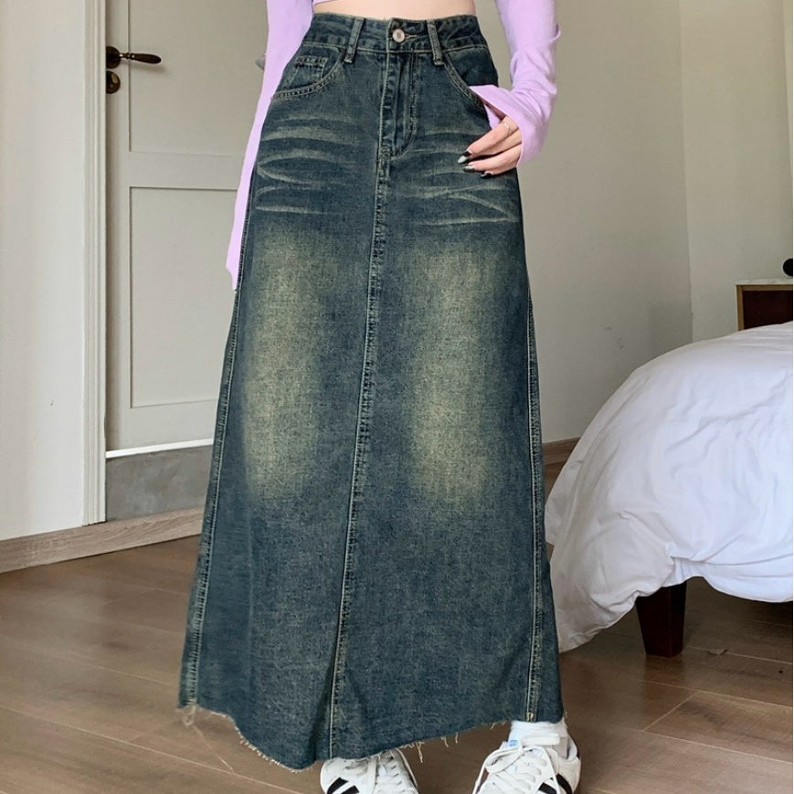 Retro High Waisted Denim Skirt with Raw Hem