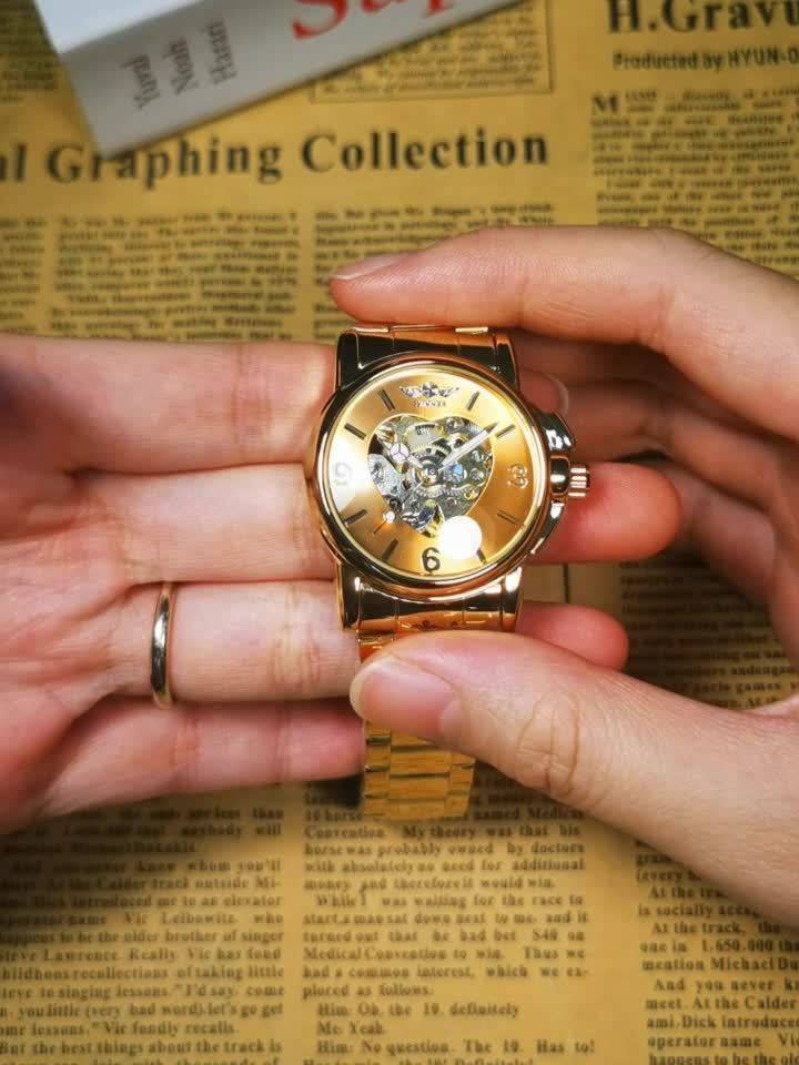 Montre mécanique automatique ajourée royale dorée T-WINNER pour femmes -