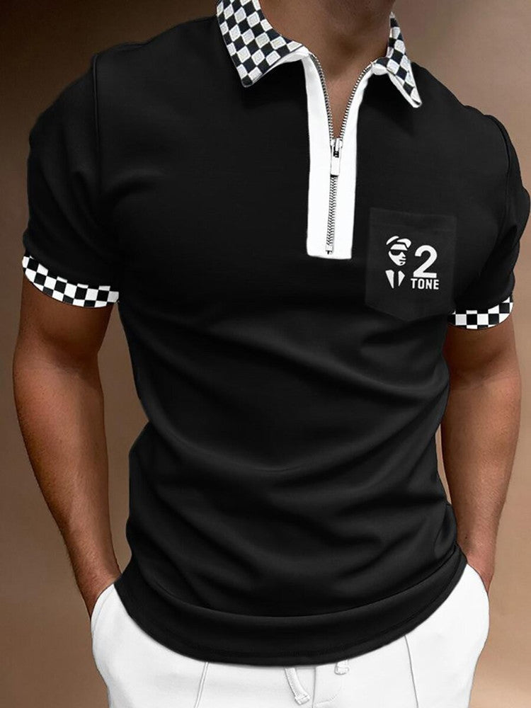 Men's Striped Printed Short Sleeve POLO T-Shirt with Lapel Collar