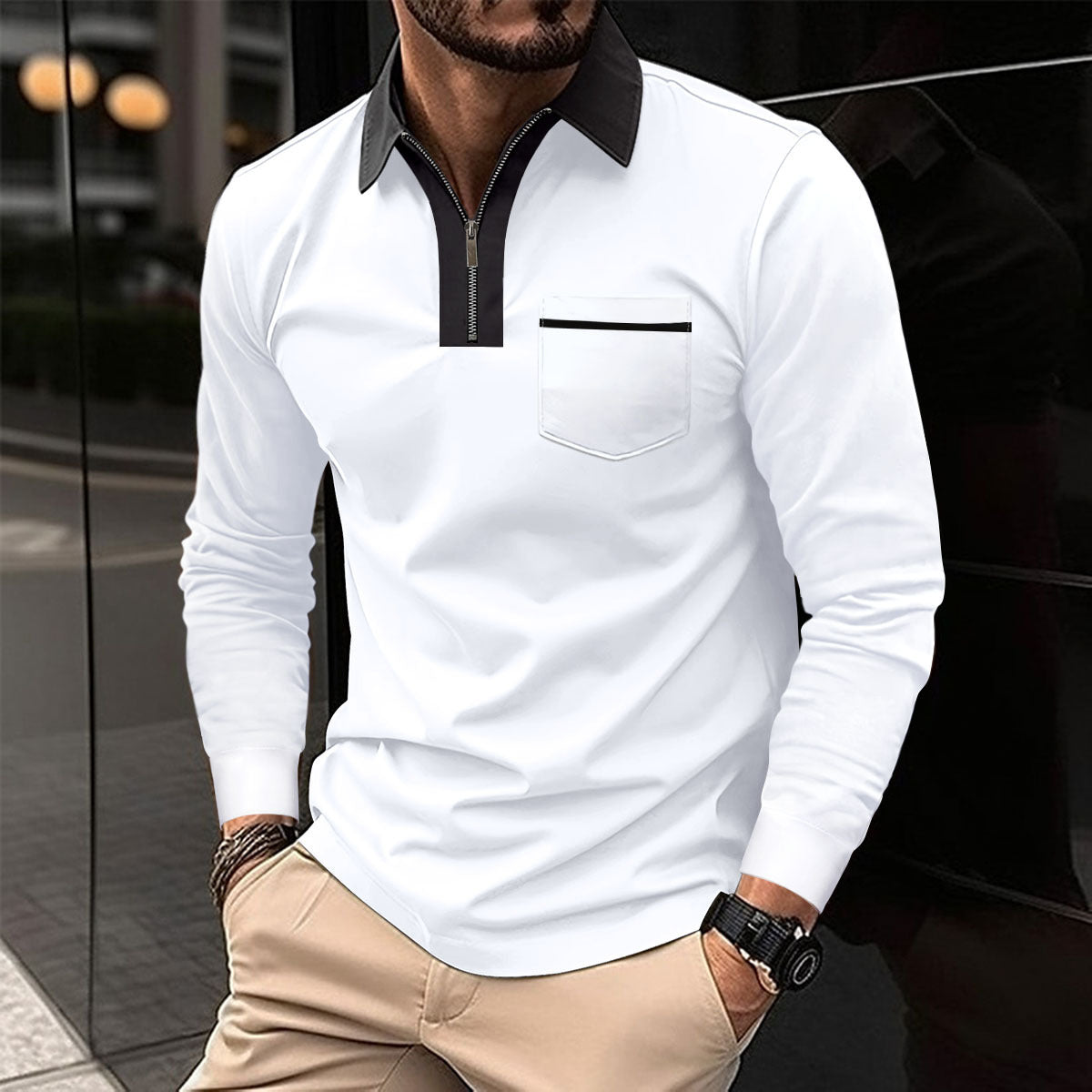 Polo à manches longues avec fermeture éclair pour hommes, automne 2024, col à revers décontracté, chemises Henley zippées, t-shirts de sport en coton pour golf et tennis avec poches