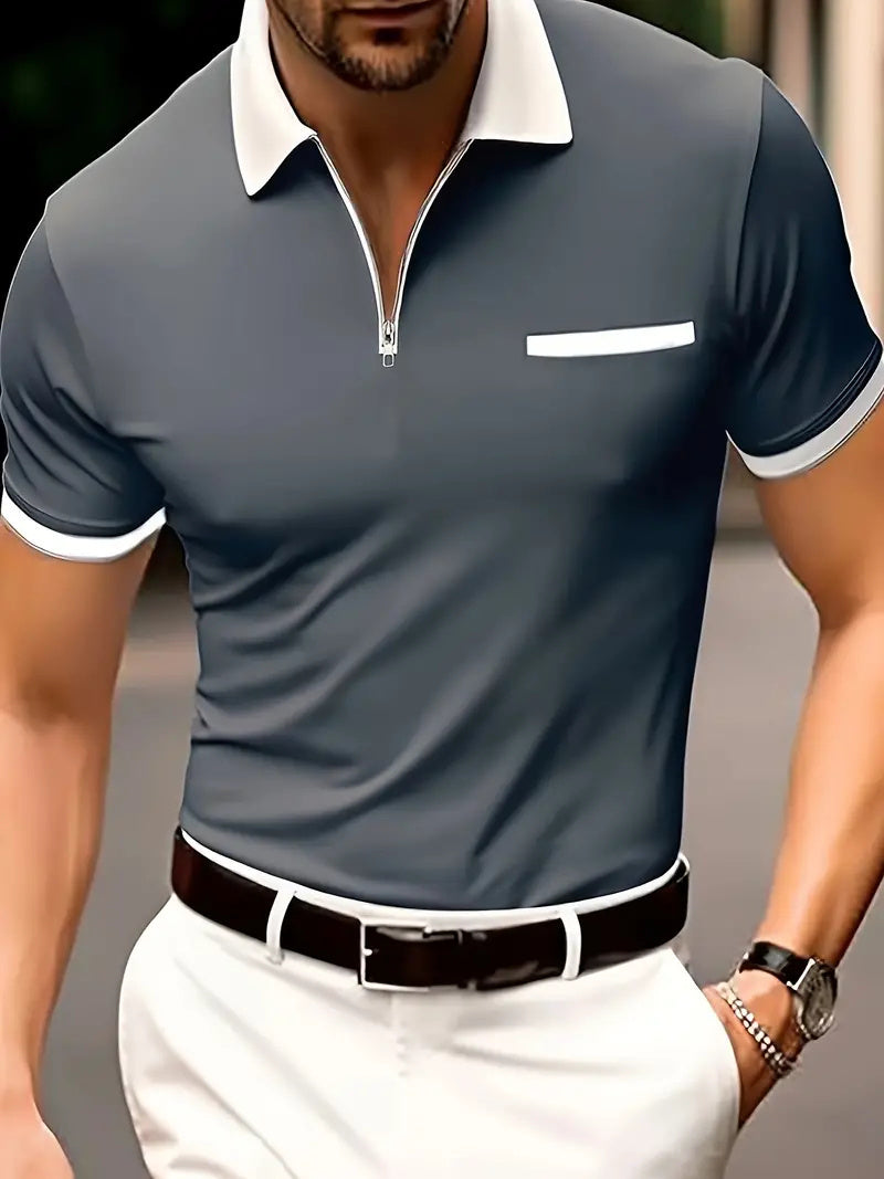 European and American style men's 3D printing zipper short sleeve polo shirt