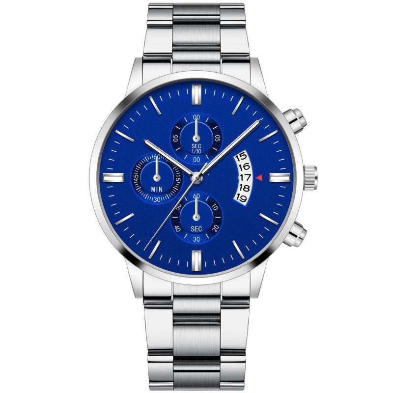 Men's watch with large dial and steel bracelet and simple calendar