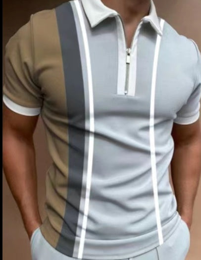 Men's Striped Printed Short Sleeve POLO T-Shirt with Lapel Collar