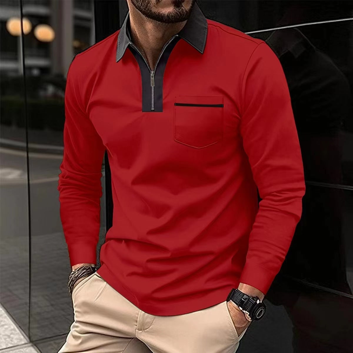 Polo à manches longues avec fermeture éclair pour hommes, automne 2024, col à revers décontracté, chemises Henley zippées, t-shirts de sport en coton pour golf et tennis avec poches