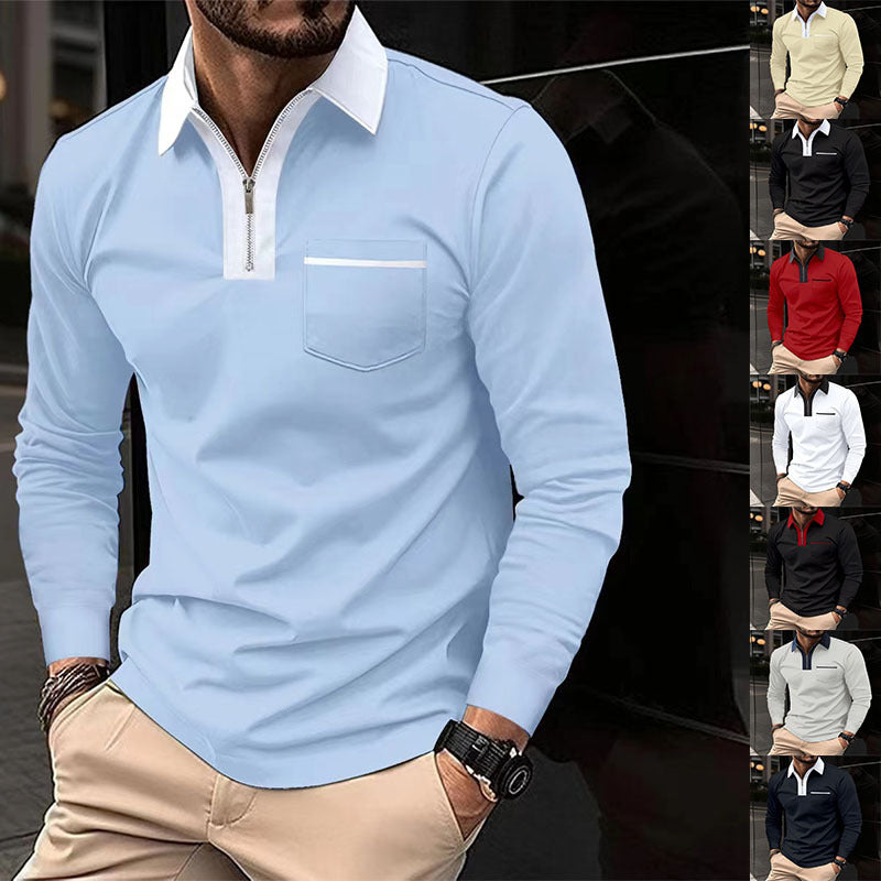 Polo à manches longues avec fermeture éclair pour hommes, automne 2024, col à revers décontracté, chemises Henley zippées, t-shirts de sport en coton pour golf et tennis avec poches