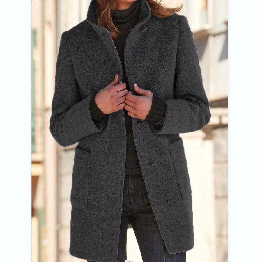 Manteau en laine à col avec poches, saison automne-hiver, décontracté, avec boutons pour femmes.