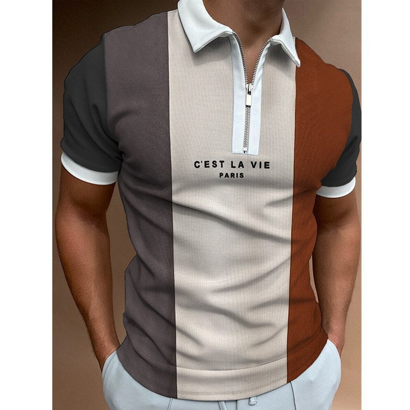 Men's Striped Printed Short Sleeve POLO T-Shirt with Lapel Collar