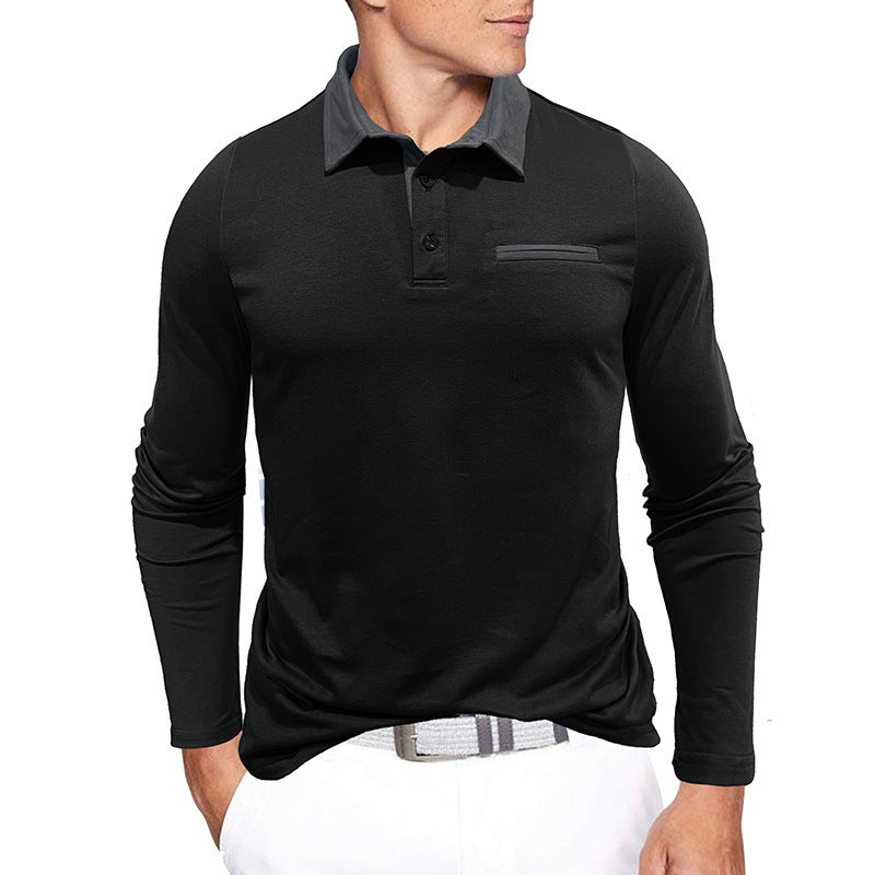 Men's cotton long-sleeved polo shirt, contrast collar, autumn and winter, European and American style