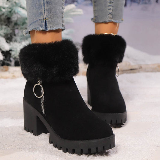 Bottes courtes pour femmes, à talon épais, thermiques et épaisses, doublées de velours pour la neige - LA TendanceStore multi service