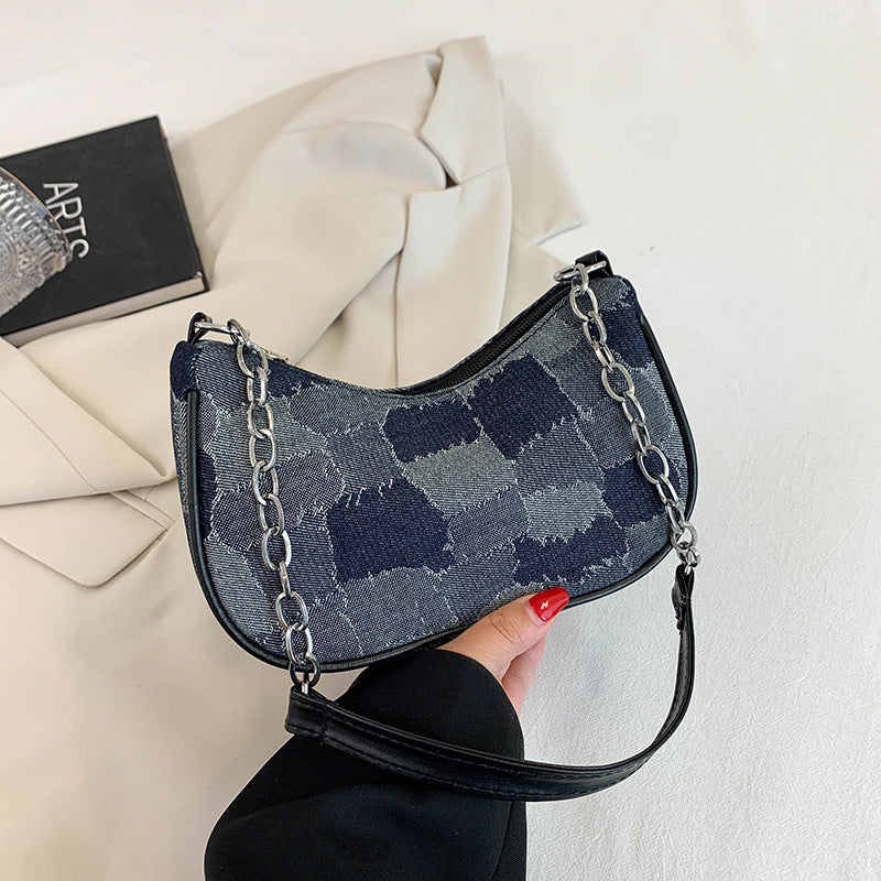 Women's Simple Patchwork Plaid Denim Shoulder Bag