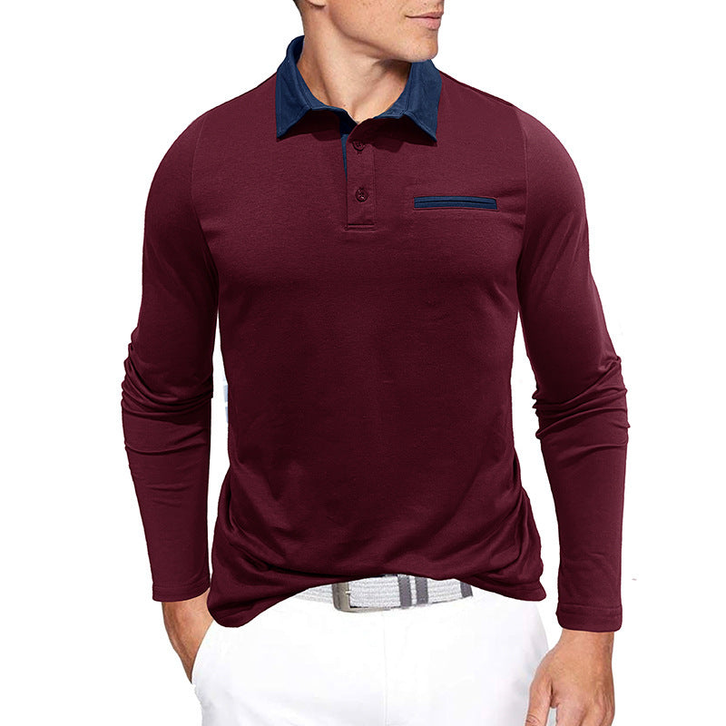 Men's cotton long-sleeved polo shirt, contrast collar, autumn and winter, European and American style