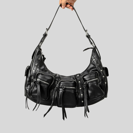 Sac de moto pour femmes, grande capacité, style punk avec franges, porté à l'épaule