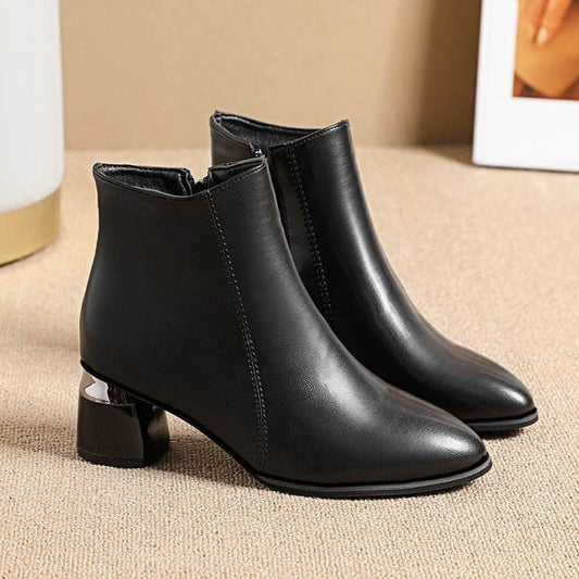 Bottes courtes d'automne et d'hiver pour femmes, talon épais, cuir souple - LA TendanceStore multi service