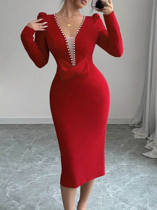 "Robe Bodycon Élégante à Col en V pour Femmes avec Détail de Perles Rouges, Collection Printemps/Automne LA TendanceStore multi service