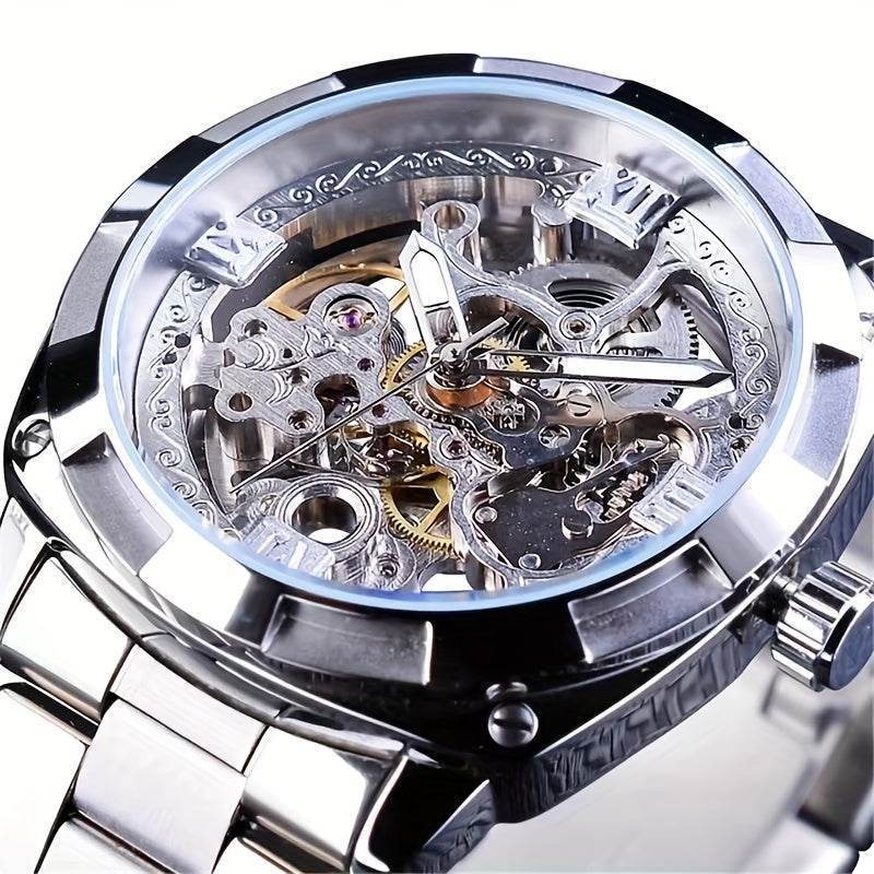 1pc Fashionable Men'S Skeleton Watch, Automatic Mechanical Movement, Water Resistant 30m, Round Alloy Case, Stainless Steel Band, Elegant Business Casual Style, High Aesthetic Value Golden Tone, 1091.102h - LA TendanceStore multi service