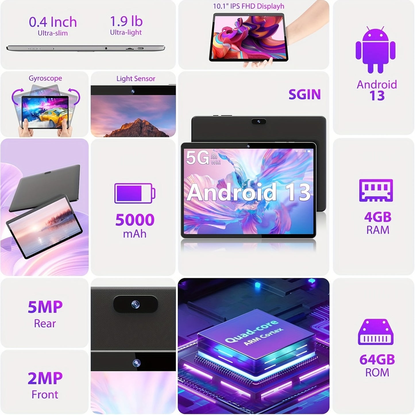 Tablette SGIN 10 pouces, Android 12, 2GB ROM, 64GB RAM, batterie 5000mAh, processeur quad-core, caméra 2+5MP, écran IPS 1280 * 800, WiFi 2.4/5G, écran tactile HD IPS