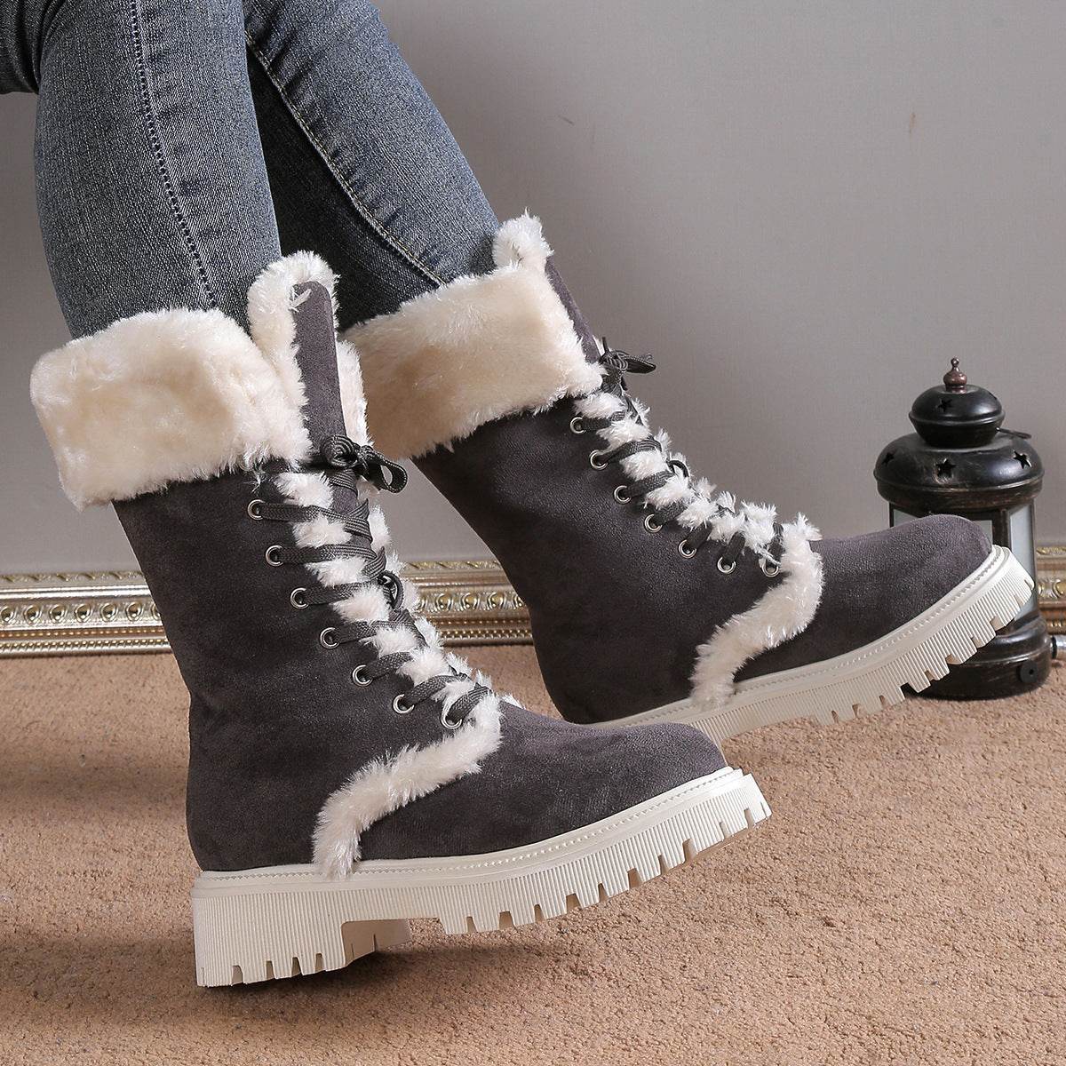 Bottes de neige lacées pour femmes, mi-tube, doublées de polaire, chaudes, à talons épais et en peluche - LA TendanceStore multi service