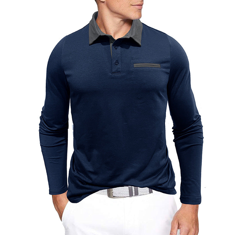 Men's cotton long-sleeved polo shirt, contrast collar, autumn and winter, European and American style