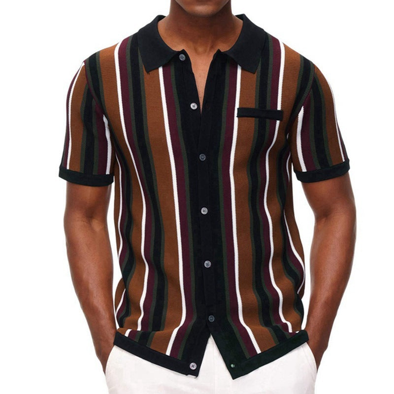 Polo Collar Stripes Casual Knitted T-shirt Short Sleeve