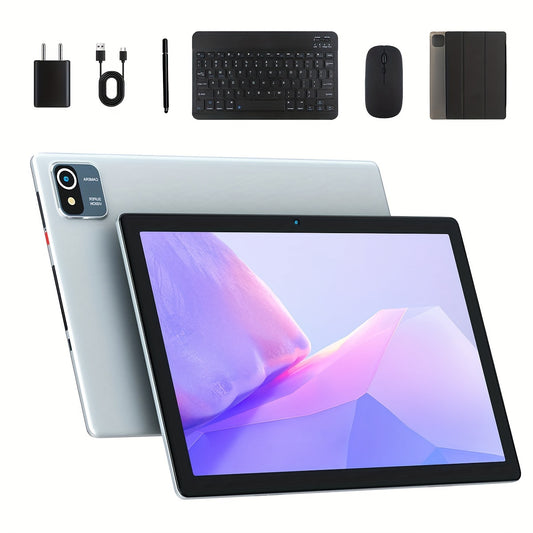 Tablette deux-en-un EEZO Android 13 avec étui de protection. Tablette argentée de 10,1 pouces, CPU quad-core, 6(2+4)GB RAM, 64GB ROM, 800x1280 HD, batterie 5000mAh, double caméra, livrée avec clavier, souris et stylet (no