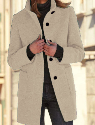 Manteau en laine à col avec poches, saison automne-hiver, décontracté, avec boutons pour femmes.