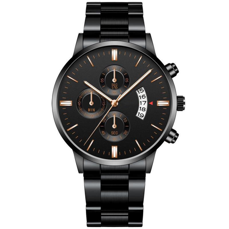 Men's watch with large dial and steel bracelet and simple calendar